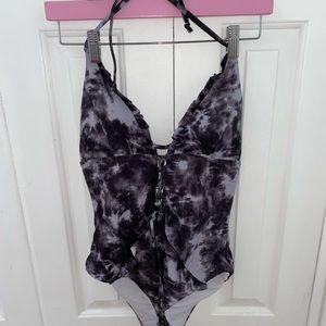 Brand NEW! Never worn one piece swim size L grey tie dye. Lace front